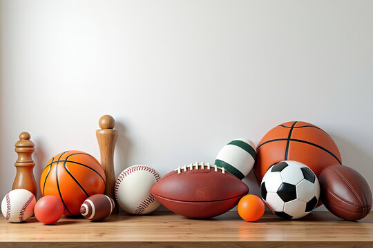 A wide range of sports equipment artfully arranged on a wooden desk set against a clean white wall. This image highlights the diverse selection of gear for various sports such as baseball and rugby.