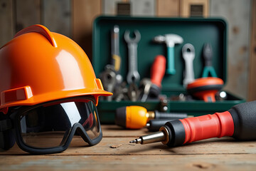 Fototapeta premium Detailed view of safety gear next to a toolbox complete with assorted work tools on a wooden tabletop.
