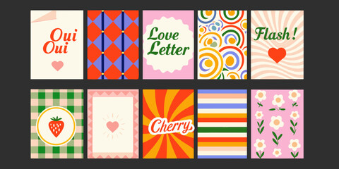 Obraz premium retro illustrated cards quartet with hearts and fruit vintage style