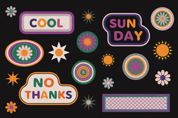 Naklejka premium Retro sticker collection with flowers suns and text on black background