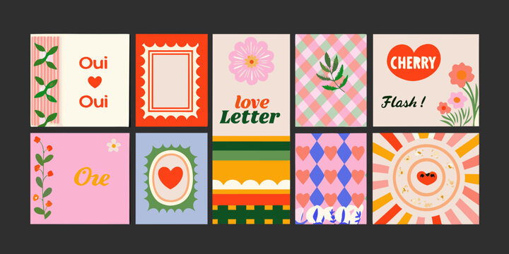 illustrated cards quartet with retro designs and floral motifs