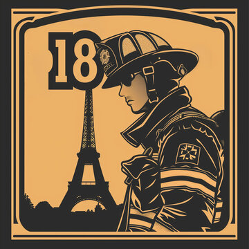 Embl&egrave;me vintage des pompiers de Paris avec num&eacute;ro 18, tour Eiffel et portrait de sapeur-pompier en uniforme sur fond beige et noir, visuel secours, urgence, incendie et s&eacute;curit&eacute; civile