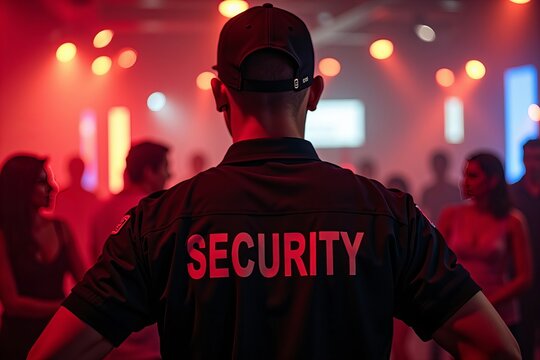 Title: Male Security Officer in Cap Exhibiting Commanding Presence at Nightclub