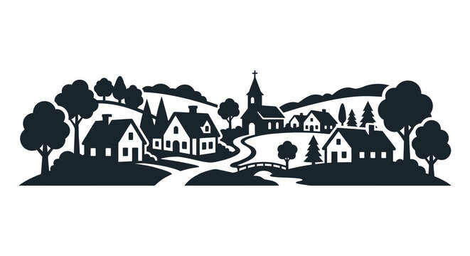 European village landscape with church and bridge silhouette