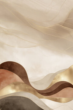 Fond abstrait style art d&eacute;co avec vagues ondul&eacute;es dor&eacute;es, beiges et blanches sur fond textur&eacute; taupe avec espace n&eacute;gatif copyspace, composition &eacute;l&eacute;gante aux lignes fluides et d&eacute;coratives