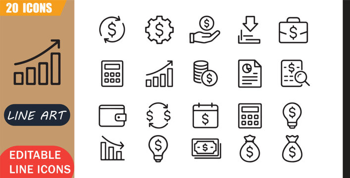 Isolated cashflow finance icons set, 20 editable line art icons set, income expense business accounting profit money report budget, cashflow accounting tools, minimal clean outline vector