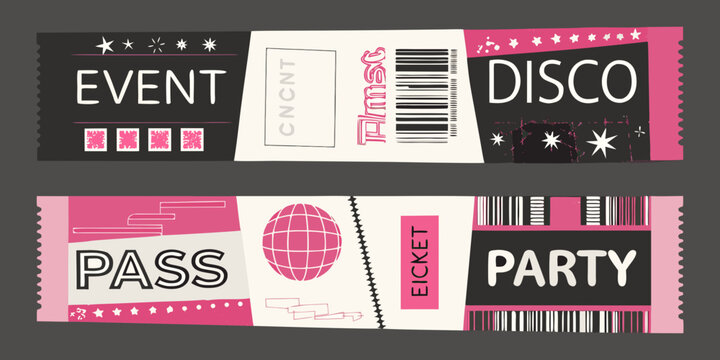 Event ticket templates in a minimalist style with pink and black colors