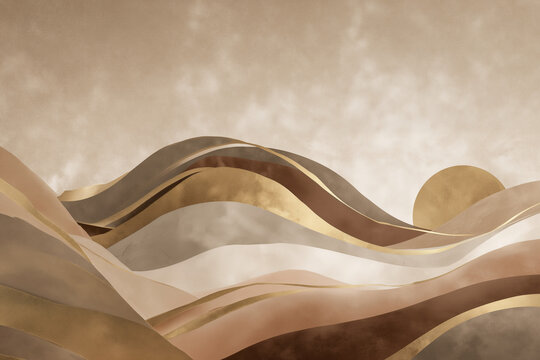 Fond abstrait style art d&eacute;co avec vagues ondul&eacute;es dor&eacute;es, beiges et blanches sur fond textur&eacute; taupe avec espace n&eacute;gatif copyspace, composition &eacute;l&eacute;gante aux lignes fluides et d&eacute;coratives