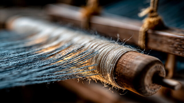 Close-up of silk threads wound on a wooden warp beam of a Hakata-ori loom, traditional Japanese weaving process, intricate textile craftsmanship in Fukuoka workshop