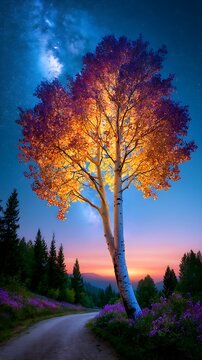 Solo birch tree with glowing leaves leaning under the Milky Way