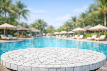 Obraz premium Relaxing resort pool deck with white tiles and umbrellas.
