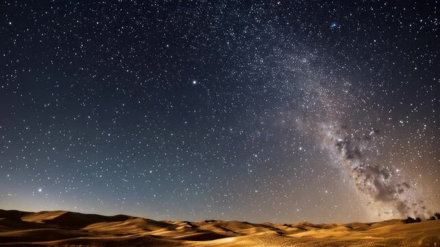 Stars shine brightly over a vast desert landscape with rolling sand dunes in the night sky during clear weather