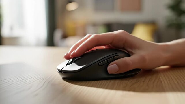 closeup of a hand using an ergonomic wireless computer mouse on a wooden desk, clicking and scrolling during office work tasks.