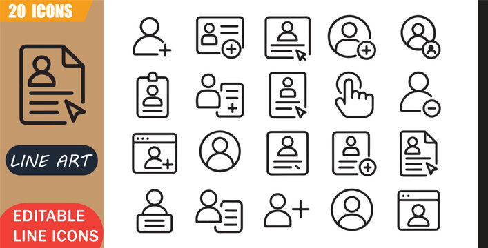 Isolated signup register icons set, 20 editable line art icons set, account user form access membership online profile create, signup account tools, minimal clean outline vector