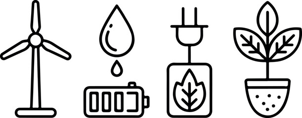 Sustainable energy symbols including wind turbine water drop battery plug and plant in black thin outline design. © JERIN