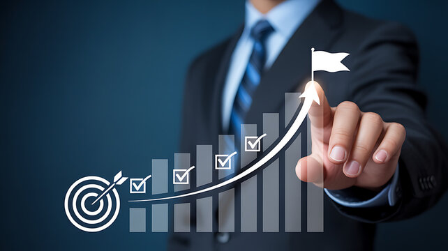 Reaching Business Targets: A poised businessperson, poised for success, points to the culmination of a successful business strategy, symbolized by a climbing graph