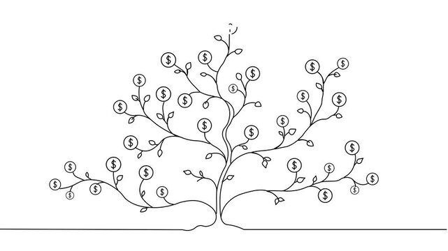 Money Growth, Passive Income, Business Success, Prosperity and Development Conceptual Idea. Continuous Line Animation of Growing Tree With Dollar Coin Symbols And Organic Branches On Clean Background.