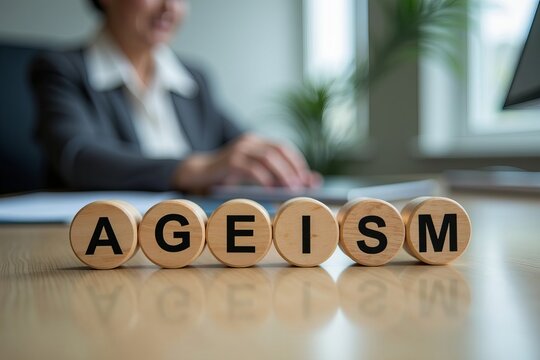 Ageism Displayed on Older Worker's Desk Made of Round Wooden Blocks, Reflecting in Background with Office Setting