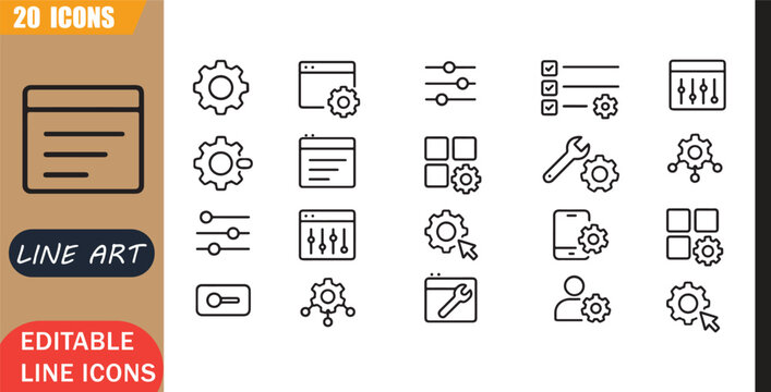 Isolated settings control icons set, 20 editable line art icons set, option preference configuration system app manage adjust interface, settings management tools, minimal clean outline vector