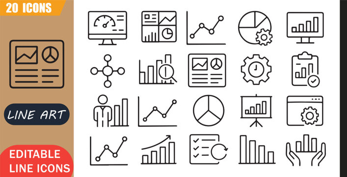 Isolated dashboard analytics icons set, 20 editable line art icons set, metrics overview business report management data chart control, dashboard reporting tools, minimal clean outline vector