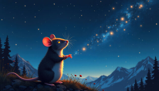Illustration of a mouse standing on a grassy hill at night, gazing up at a starry sky with a glowing galaxy and mountains in the background