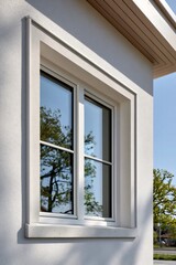 Fototapeta premium White building facade with framed window reflecting trees