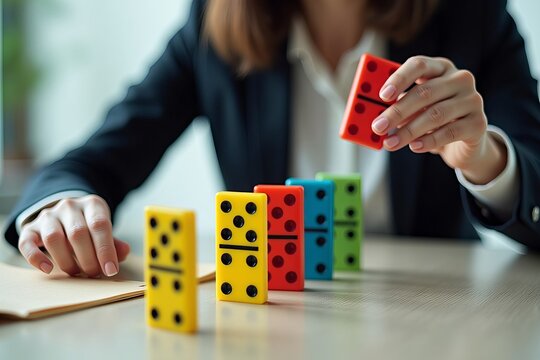 Top-down perspective of a businesswoman preventing colored dominos from toppling on a desk.