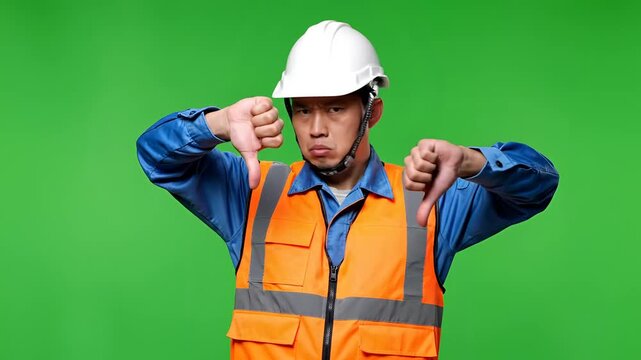 Construction worker in hard hat and safety vest giving thumbs down gesture on green screen background.