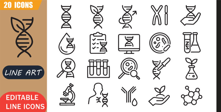 Isolated biotech genetics icons set, 20 editable line art icons set, dna laboratory science research medical innovation biology healthcare, biotech laboratory tools, minimal clean outline vector