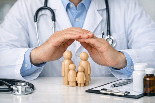 Healthcare professional wearing a white coat, sitting at a desk and placing his hand over wooden figurines of people representing patients.