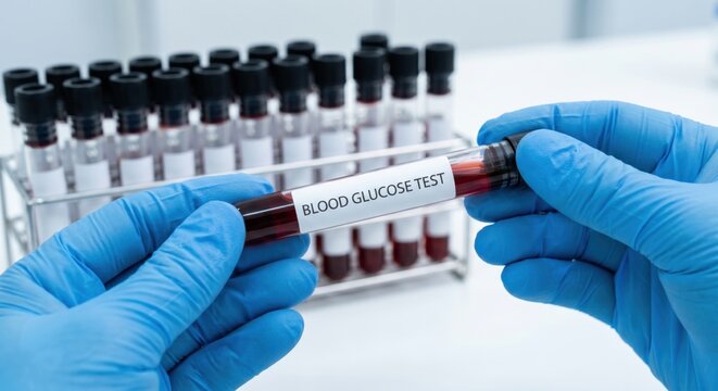 Blood glucose test tube held by scientist in medical laboratory, representing diabetes diagnosis, healthcare screening, blood analysis and clinical research