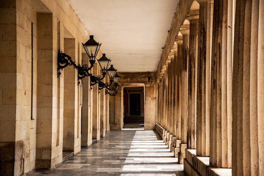 historic palace colonnade corridor in Corfu, Greece