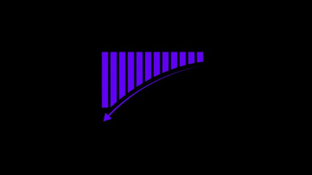 Business decline graph with a falling purple arrow on a black background representing financial loss or market crash.