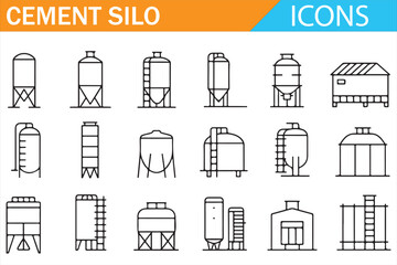 Cement silo icons set with industrial storage tanks containers factory bins and construction equipment © MDSUMON