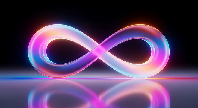 Vibrant Infinity Symbol Reflecting in a Mirror with a Dark Background and Subtle Lighting