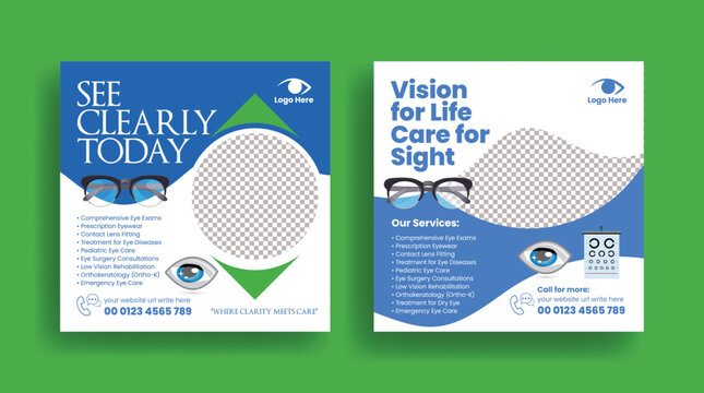 Modern Eye Clinic Optometrist Social Media Advertising Template Eye Care Vision Clinic Eye Test Optical Healthcare Promo Post Eyewear Contact Lenses Vision Testing Clean Web Banner Design