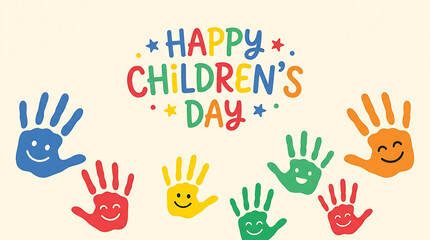 Fototapeta premium Happy children's day colorful handprints and text children's day 2026, happy children's day 2026, children day celebration