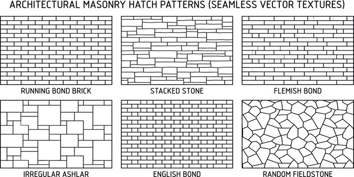 Collection of six seamless architectural masonry hatch patterns featuring brick and stone textures for cad drawings and interior design floor plans on white background