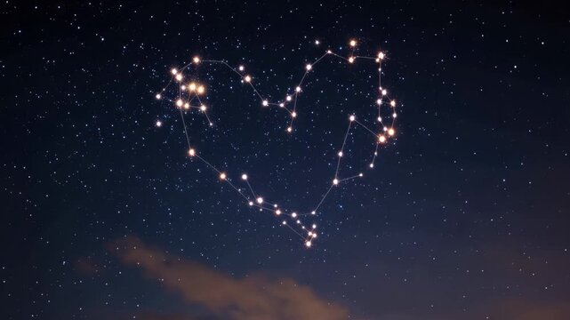 Stars form a heart shape in the night sky over a quiet landscape with scattered clouds during a clear evening