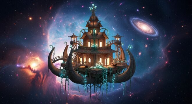 Ch&acirc;teau fantastique flottant dans l'espace au milieu de n&eacute;buleuses et de structures cosmiques
