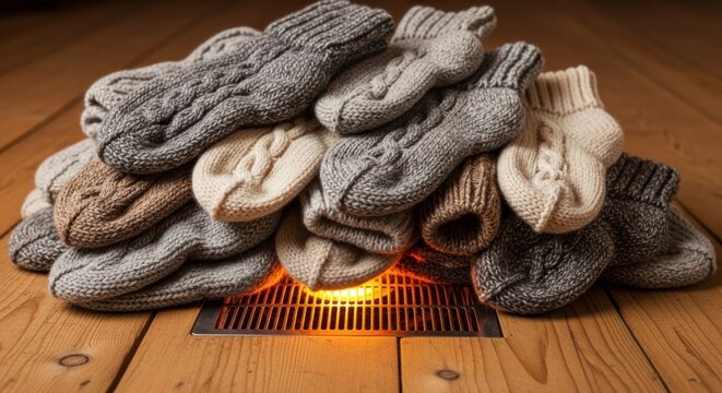 Pile de chaussettes chaudes en tricot sur le plancher de bois pr&egrave;s de la grille d'a&eacute;ration