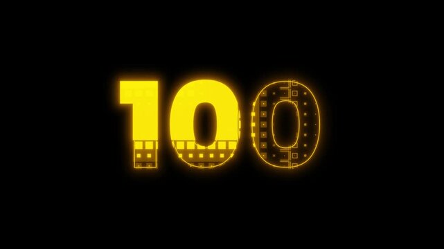 Creative yellow digital neon number 100 animation, glowing futuristic sign on black background, abstract motion graphics for countdown intro and cinematic video production projects. 4k video