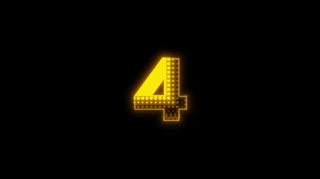 Modern yellow digital neon number 4 animation, glowing futuristic sign on black background, abstract motion graphics for countdown intro and cinematic video production projects. 4k video