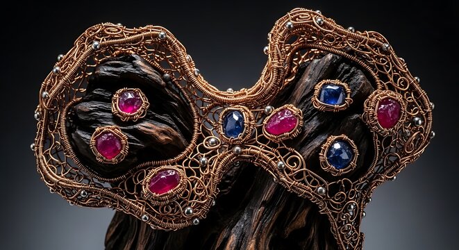 Elaborate wire wrapped masquerade mask with ruby and sapphire accents
