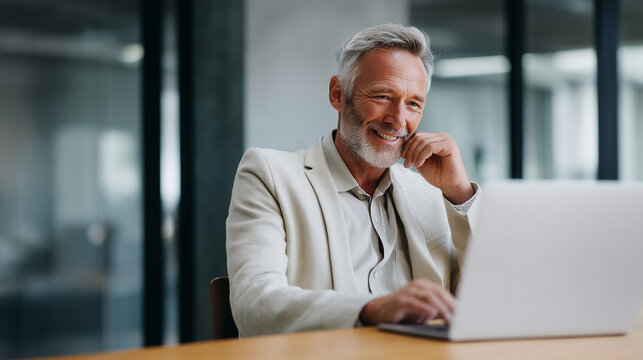 Smiling mature businessman working on laptop in modern office, professional productivity, online meeting and corporate planning concept businessman, laptop work, mature professiona