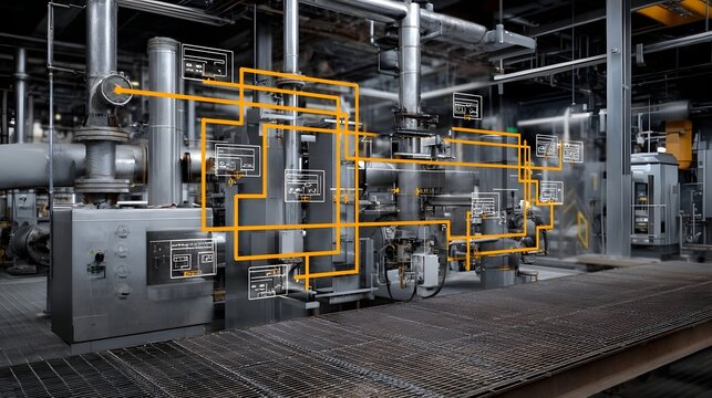 Intricate view of modern industrial hinery showcasing interconnected piping electrical panels and automated systems within a large processing