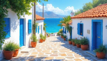 Obraz premium Charming Mediterranean village street leading to bright blue sea. White houses with blue shutters line stone path. People walk towards sunny beach with mountains afar.