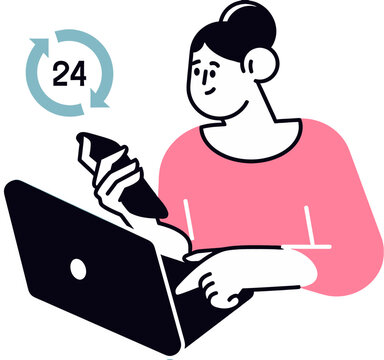 Illustration of a woman using a laptop and holding a smartphone with a 24hour service icon, isolated on transparent background