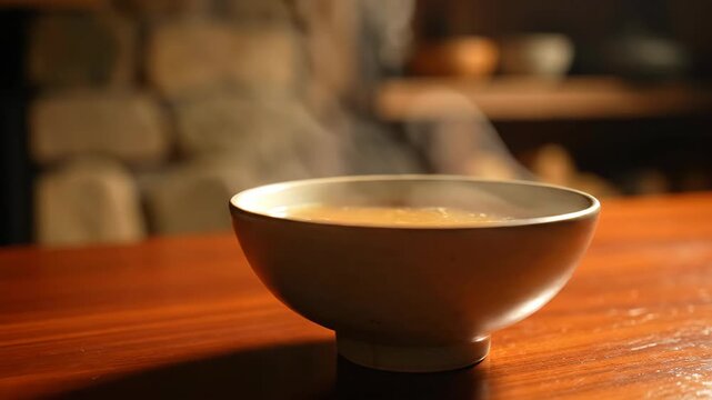 Steaming bowl of miso soup on a dark wooden table in a rustic setting. Evocative of healthy home cooking, dining comfort, and culinary warmth.