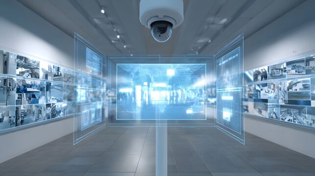 A high tech interior corridor featuring augmented reality overlays and sophisticated monitoring systems projecting complex data visualizations
